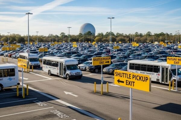 Epcot Cast Parking – Location, Rules & Shuttle Information Epcot cast member parking lot with shuttle buses