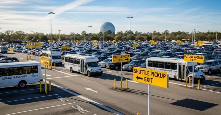 Epcot cast member parking lot with shuttle buses