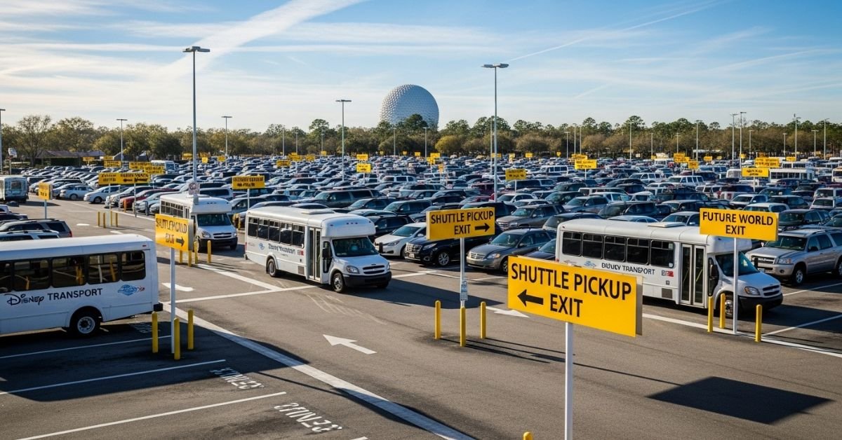 Epcot cast member parking lot with shuttle buses