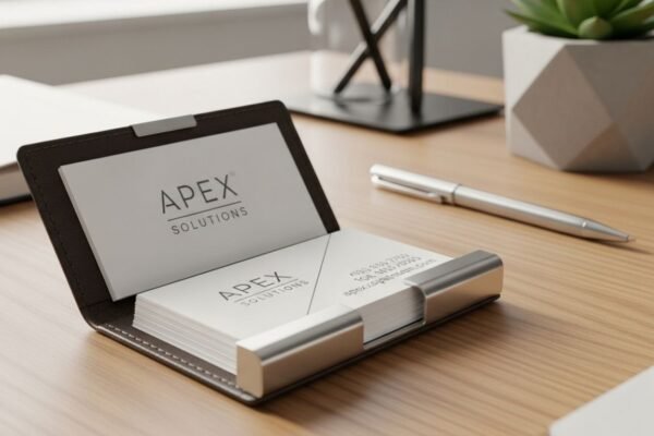 Leather and metal business card holder with cards