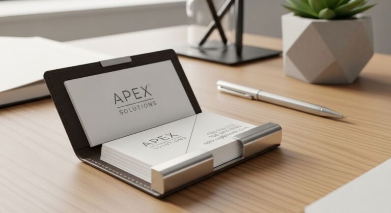 Leather and metal business card holder with cards