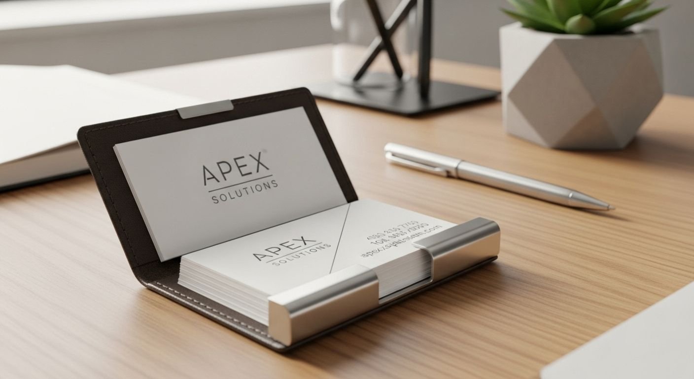 Leather and metal business card holder with cards