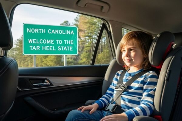 Child in booster seat with NC sign outside car window