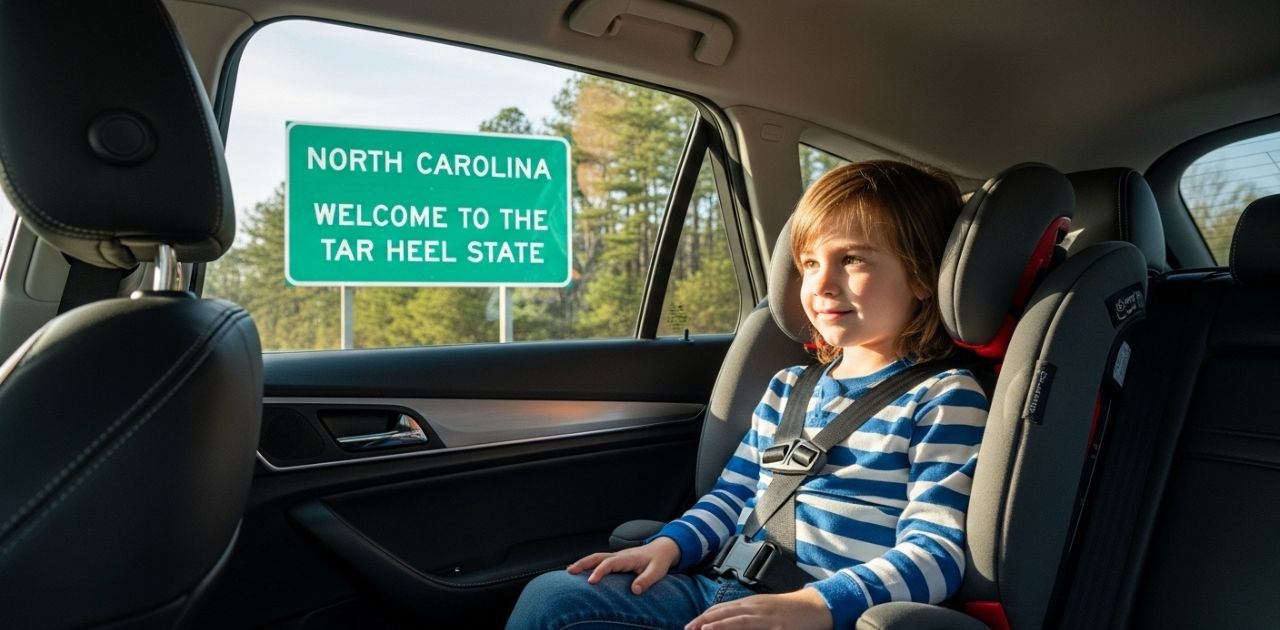 Child in booster seat with NC sign outside car window