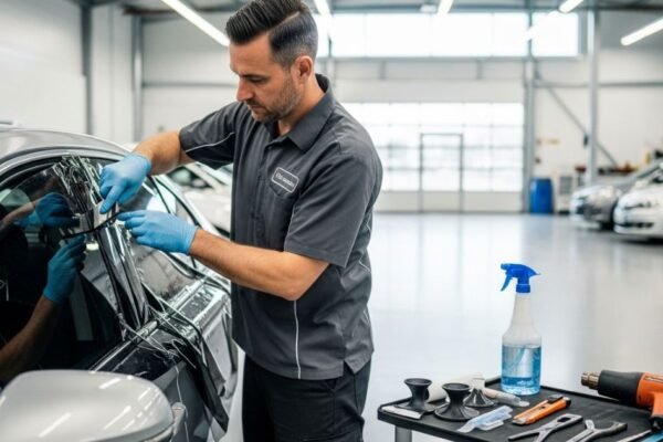 Technician applying window tint film to a car