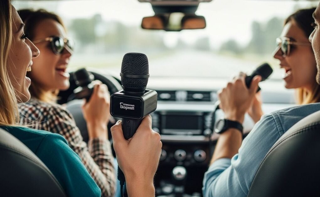 Wireless carpool karaoke microphone in a car