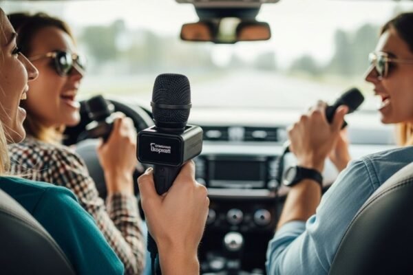 Wireless carpool karaoke microphone in a car
