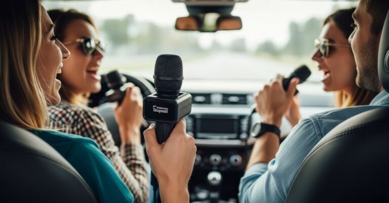 Wireless carpool karaoke microphone in a car
