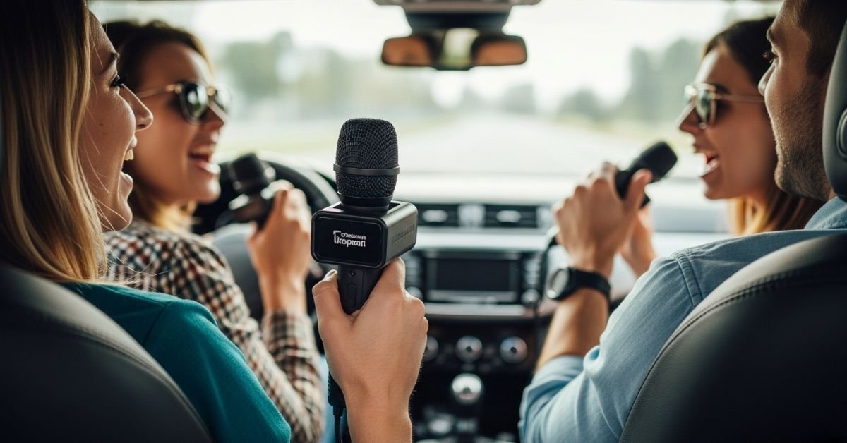 Wireless carpool karaoke microphone in a car