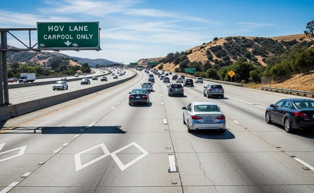 California carpool lane sign and traffic