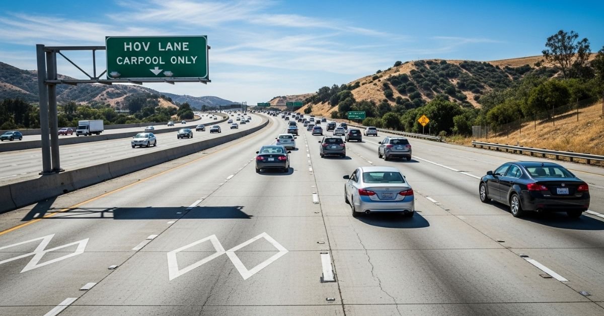 California carpool lane sign and traffic