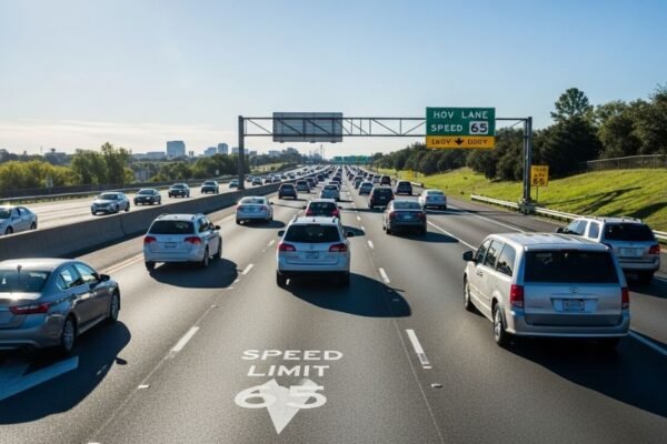 Carpool lane speed limit sign on highway