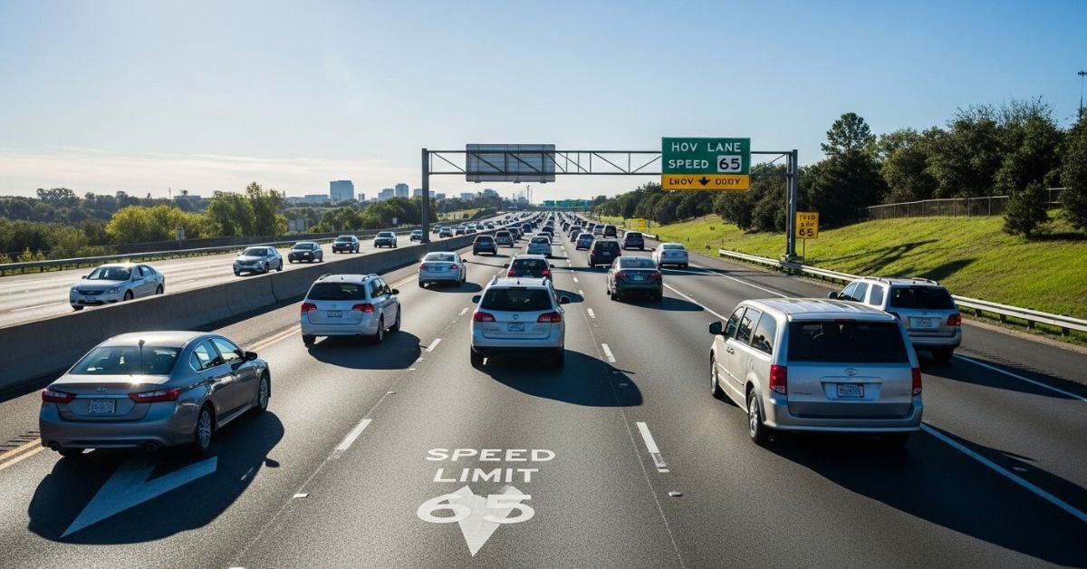 Carpool lane speed limit sign on highway