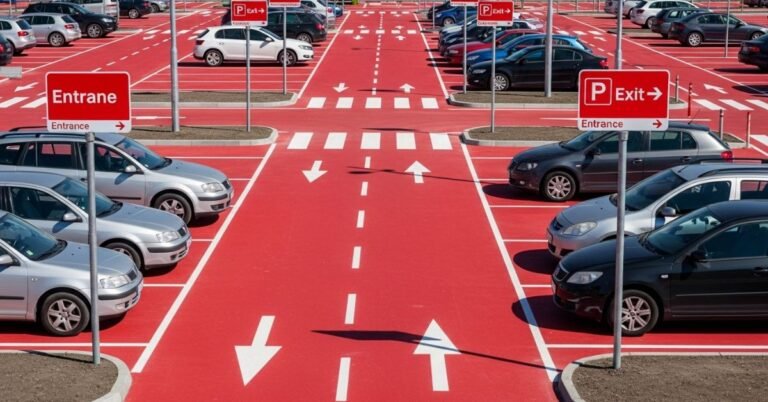 Cast Parking Red Lot with marked spaces and directional signs