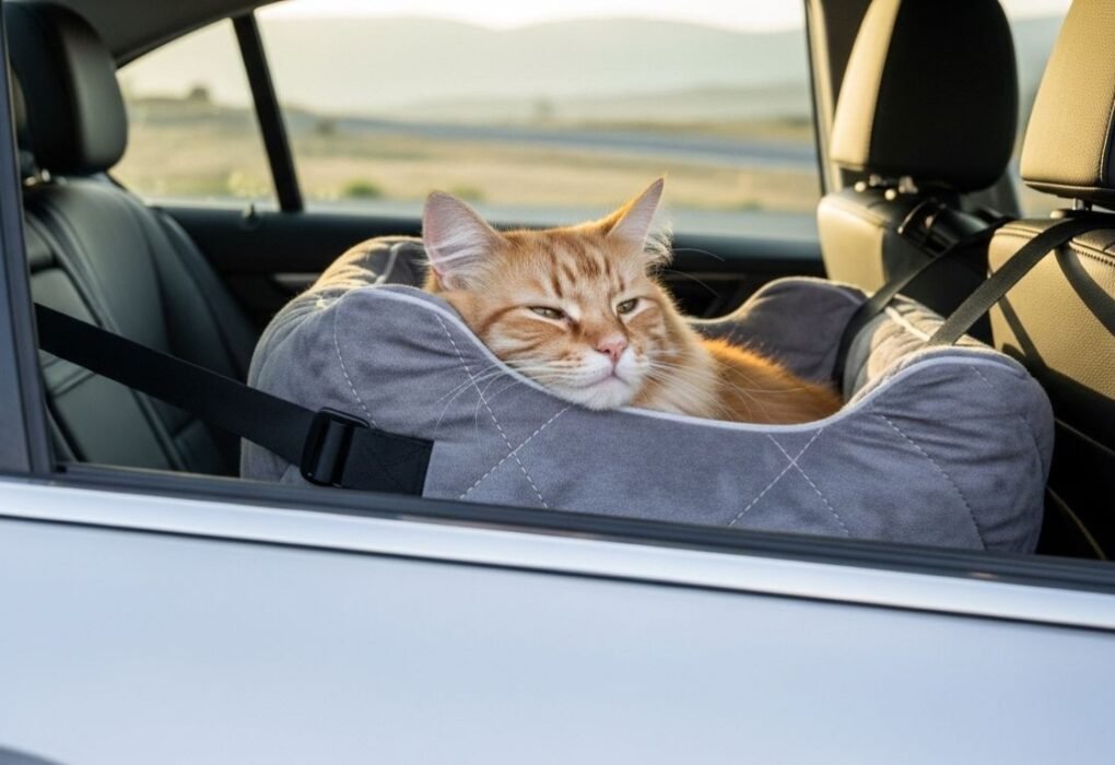 Cat sitting in a comfortable pet car seat inside a ca