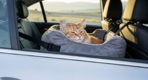 Cat sitting in a comfortable pet car seat inside a ca