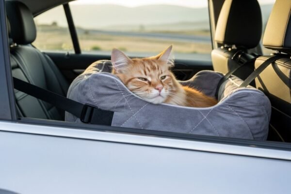 Cat Car Seat: Keep Your Feline Safe and Comfortable While Traveling Cat sitting in a comfortable pet car seat inside a ca