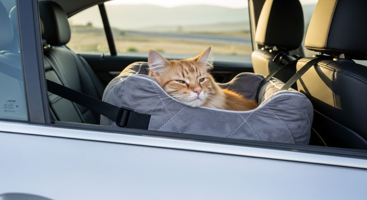 Cat sitting in a comfortable pet car seat inside a ca