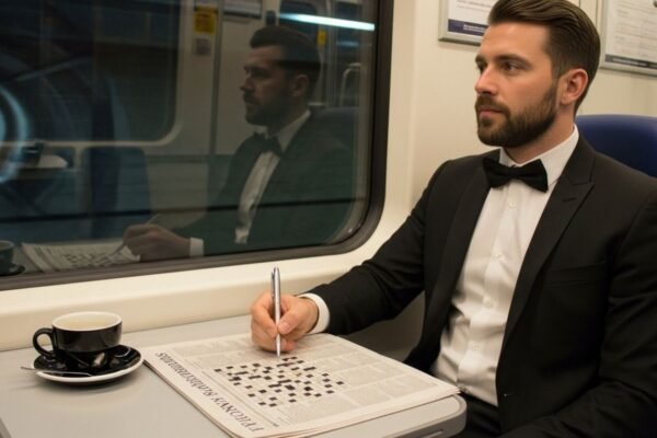 Commuter solving crossword puzzle during subway ride