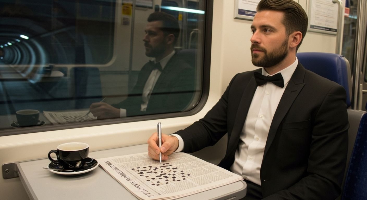 Commuter solving crossword puzzle during subway ride