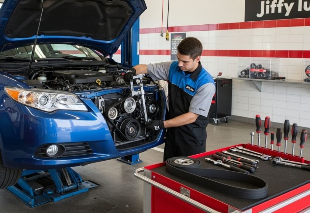 Jiffy Lube technician replacing serpentine belt