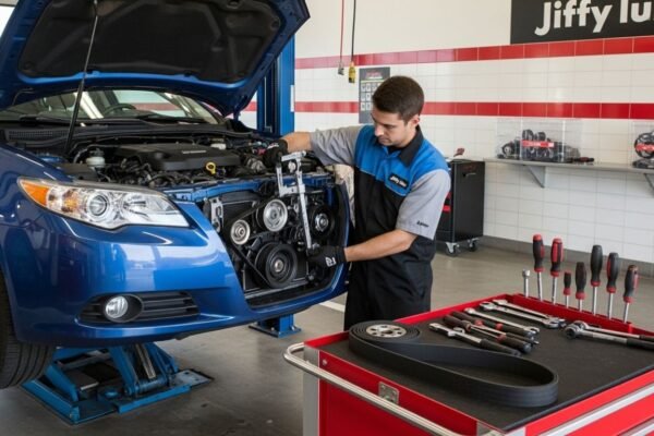 Cost of Replacing Serpentine Belt at Jiffy Lube – What to Expect Jiffy Lube technician replacing serpentine belt