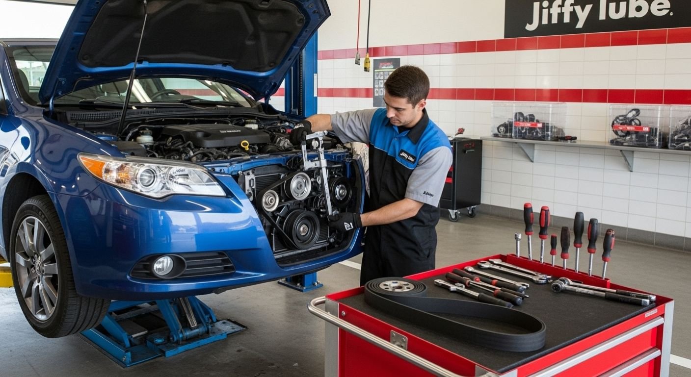 Jiffy Lube technician replacing serpentine belt