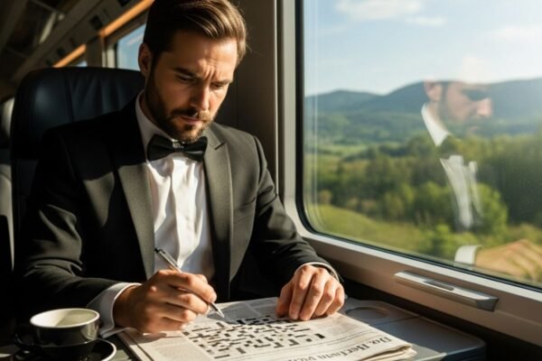 Commuter solving crossword puzzle on train