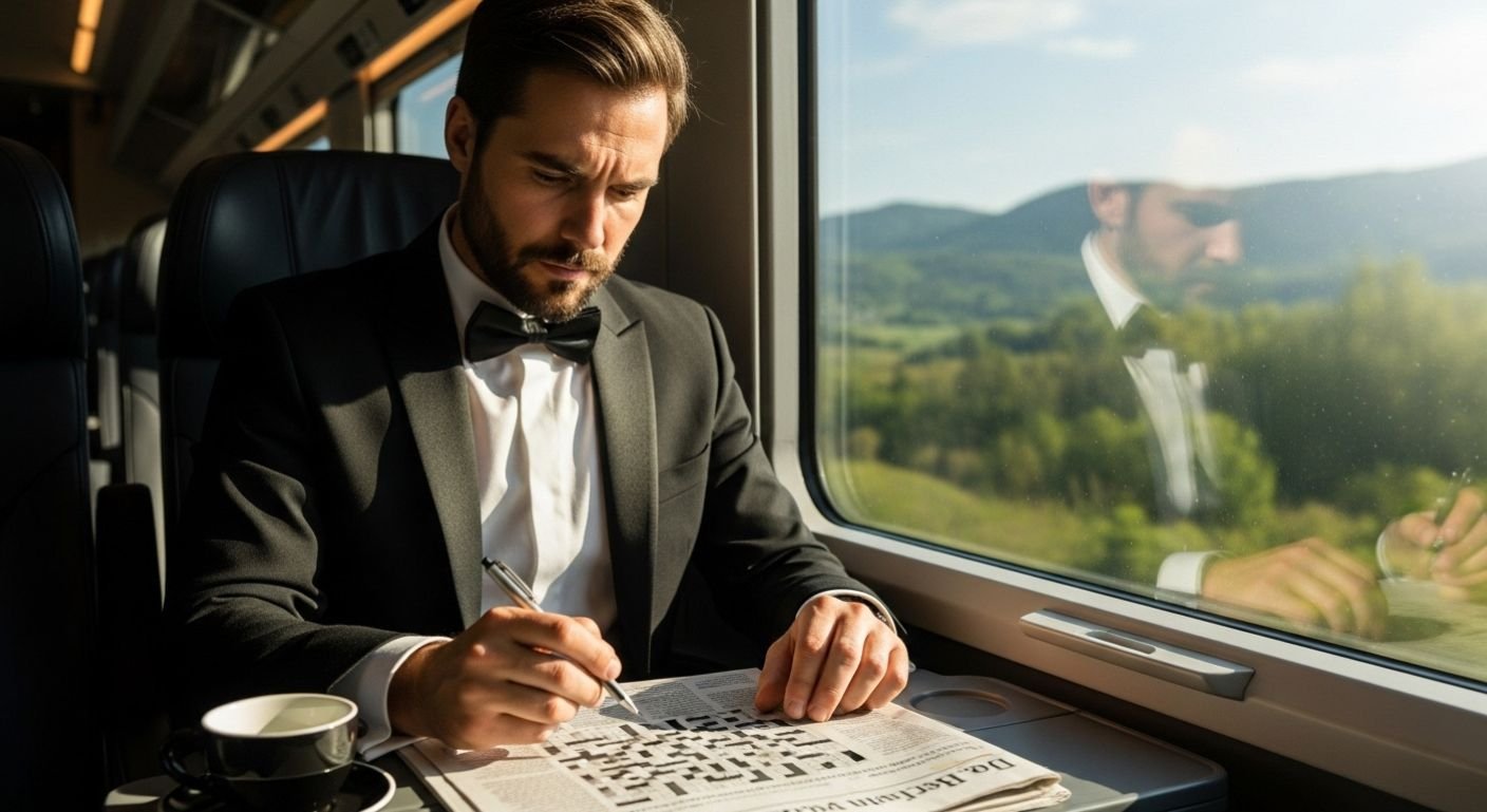 Commuter solving crossword puzzle on train