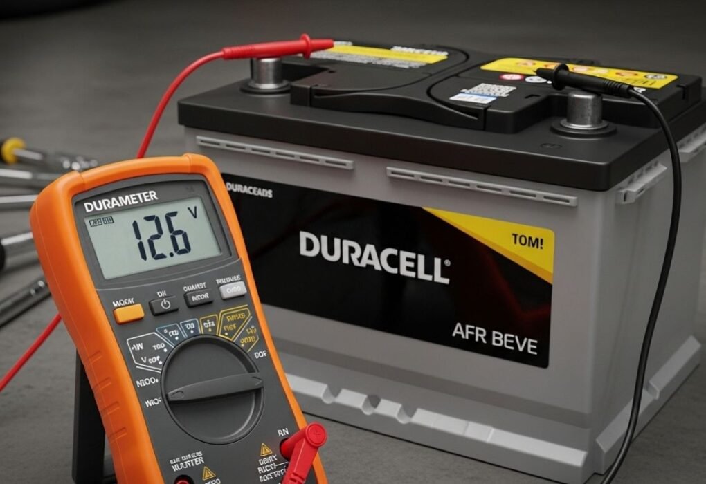 Duracell car battery in a garage