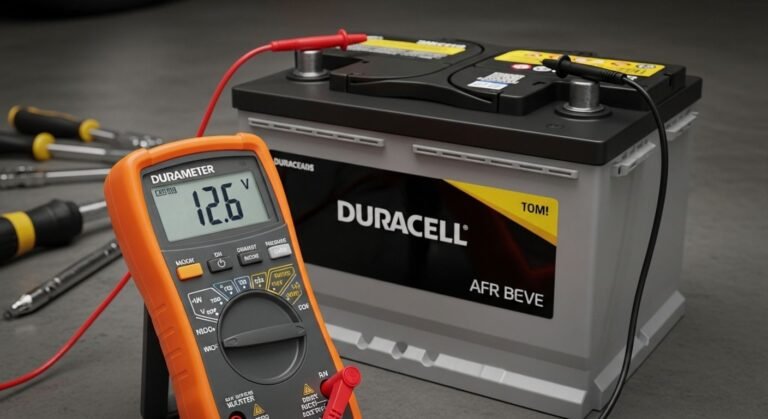 Duracell car battery in a garage