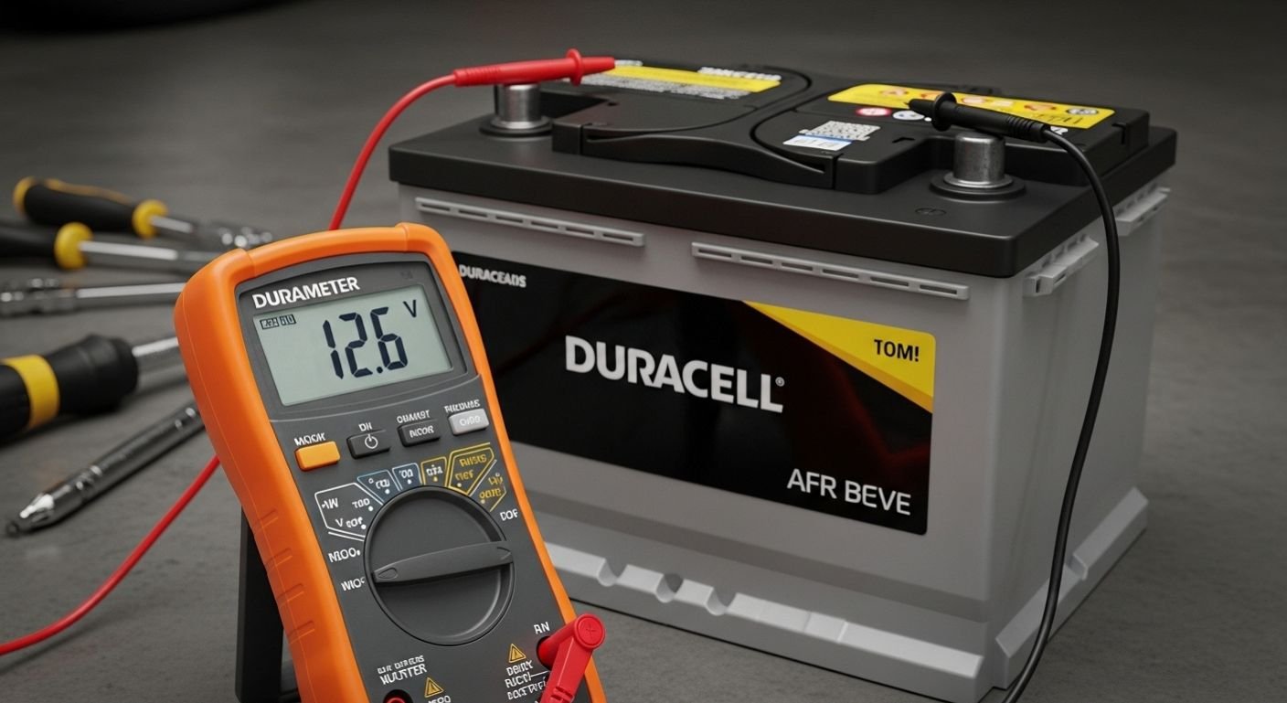 Duracell car battery in a garage