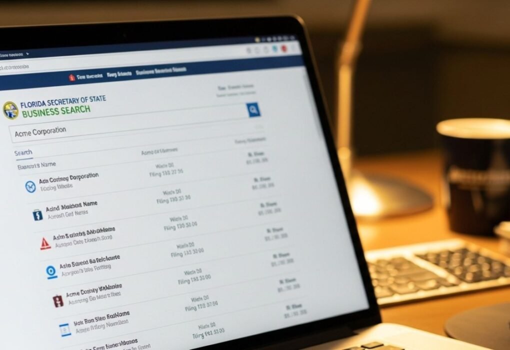 Florida Secretary of State business search portal on a laptop