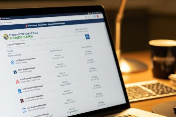 Florida Secretary of State business search portal on a laptop