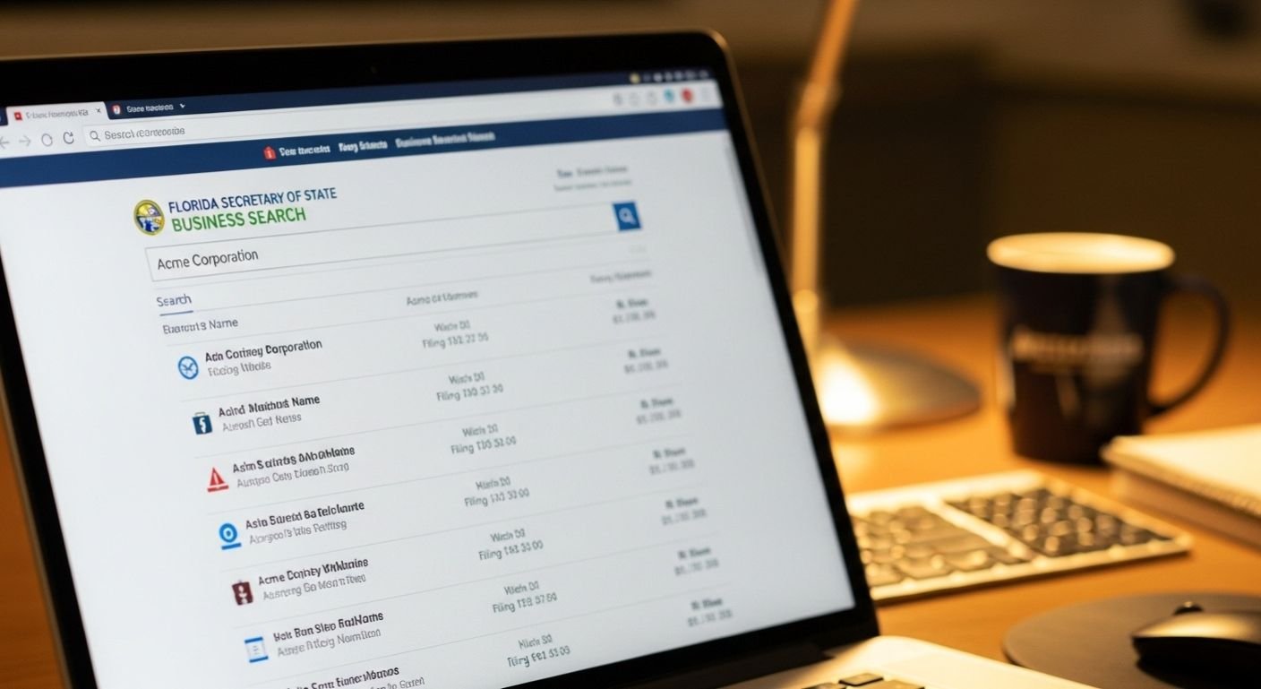 Florida Secretary of State business search portal on a laptop