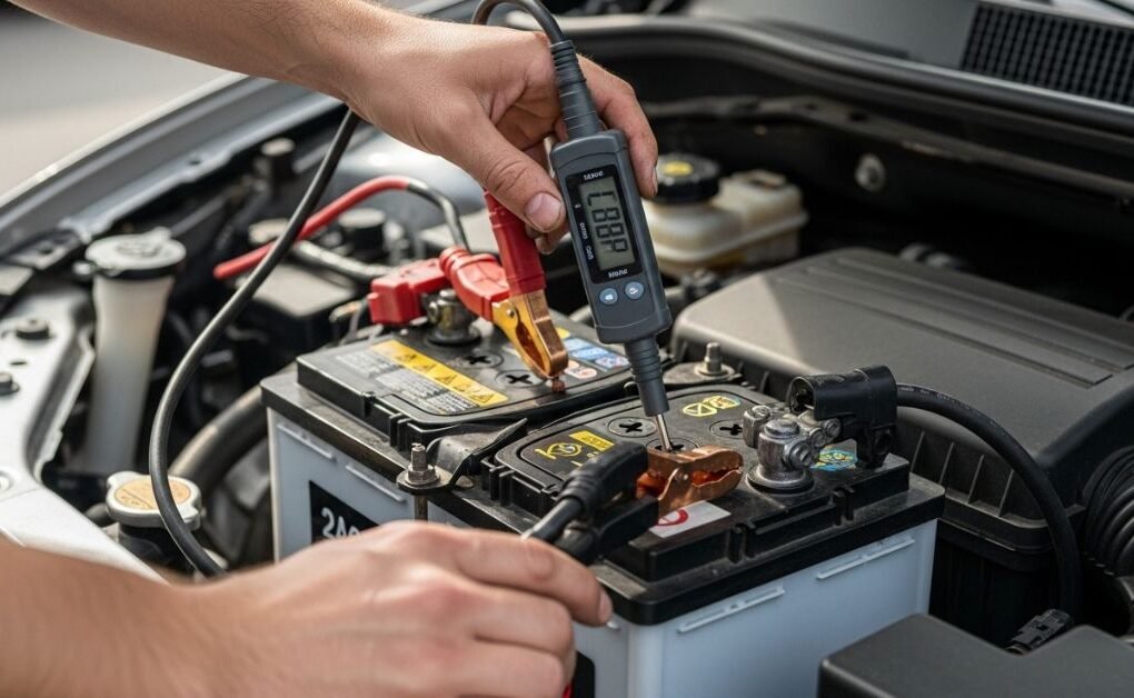 Mechanic testing a car battery