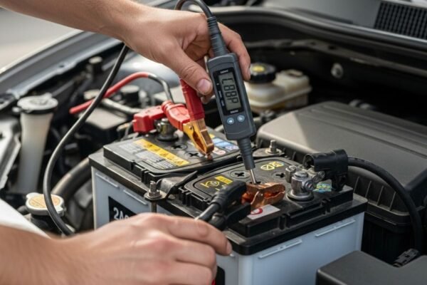 Mechanic testing a car battery