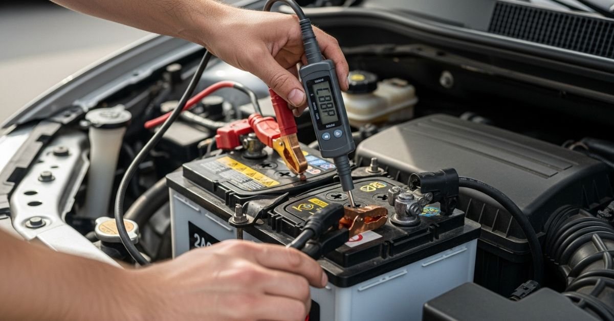 Mechanic testing a car battery