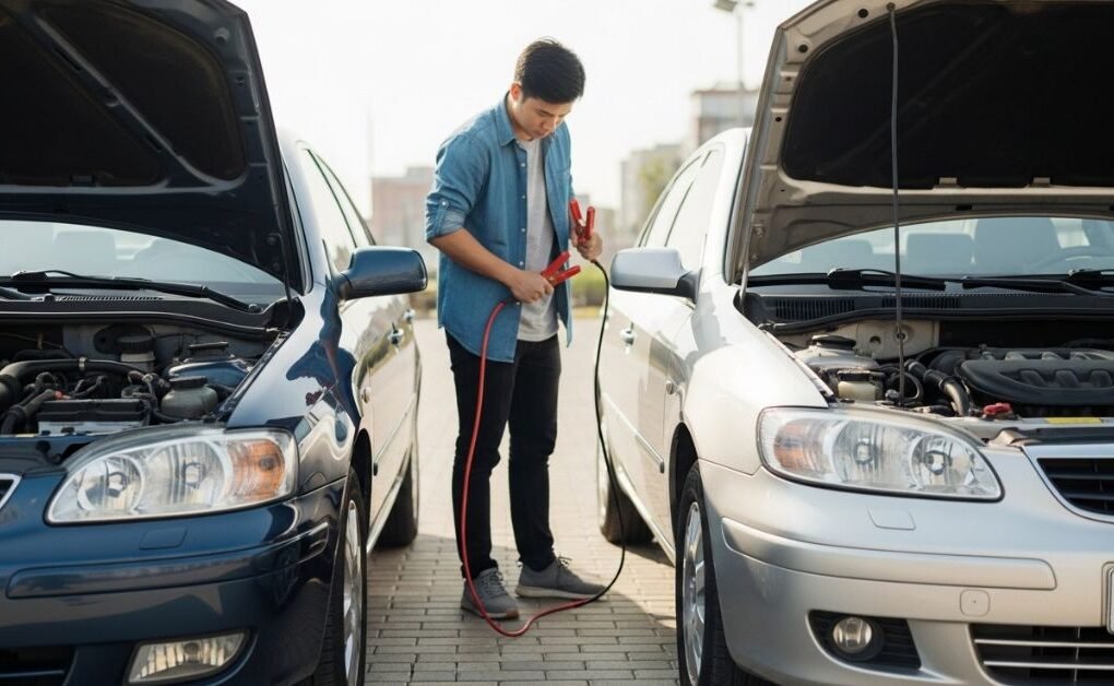 Person jumpstarting a car with jumper cables