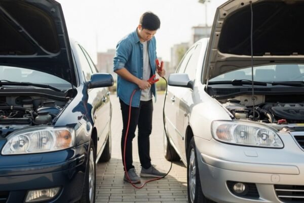 Person jumpstarting a car with jumper cables