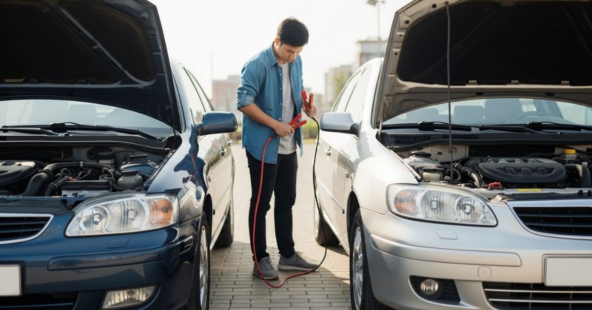 Person jumpstarting a car with jumper cables