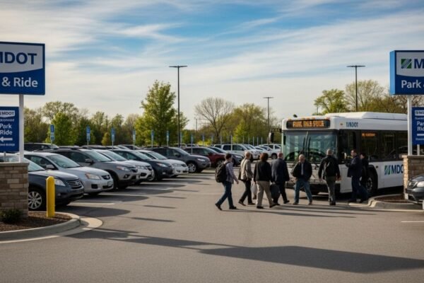 MDOT Park and Ride parking lot with commuters