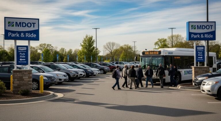 MDOT Park and Ride parking lot with commuters