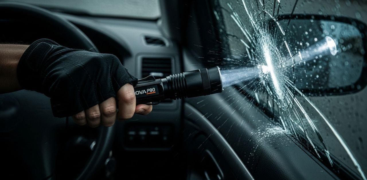 nova p90 flashlight break car window