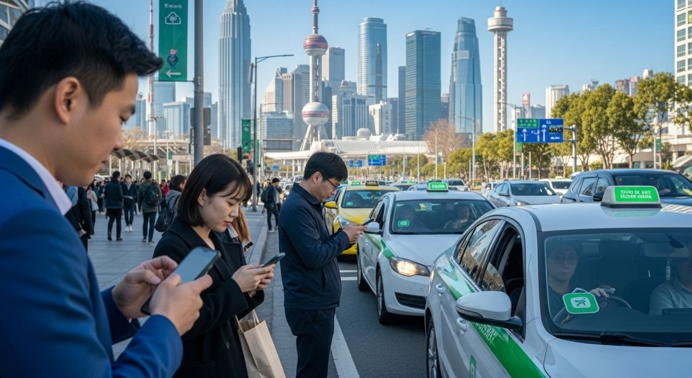 Ridershare cars picking up passengers in the cit