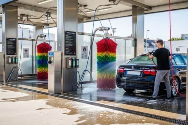 Driver cleaning car at a self serve car wash station