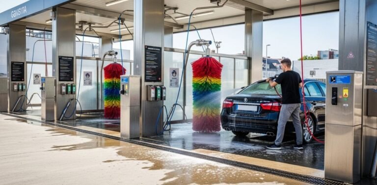 Driver cleaning car at a self serve car wash station