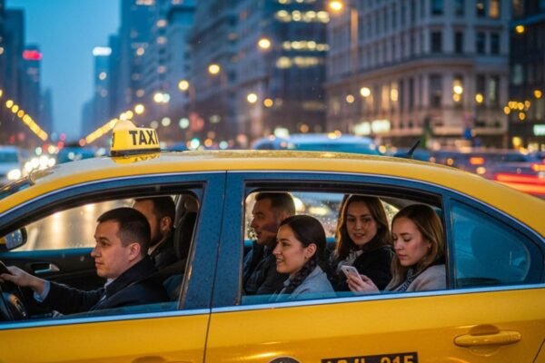 Taxi Pool ride with multiple commuters sharing a cab