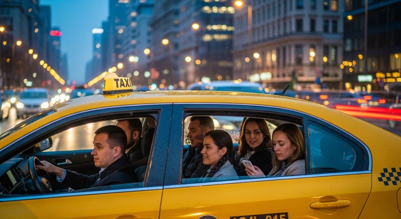 Taxi Pool ride with multiple commuters sharing a cab